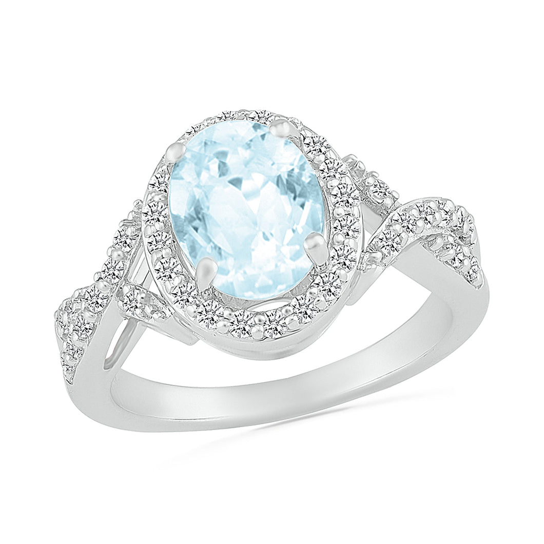 Oval Aquamarine and 1/3ctw Diamond Halo White Gold Ring - Size 4.5