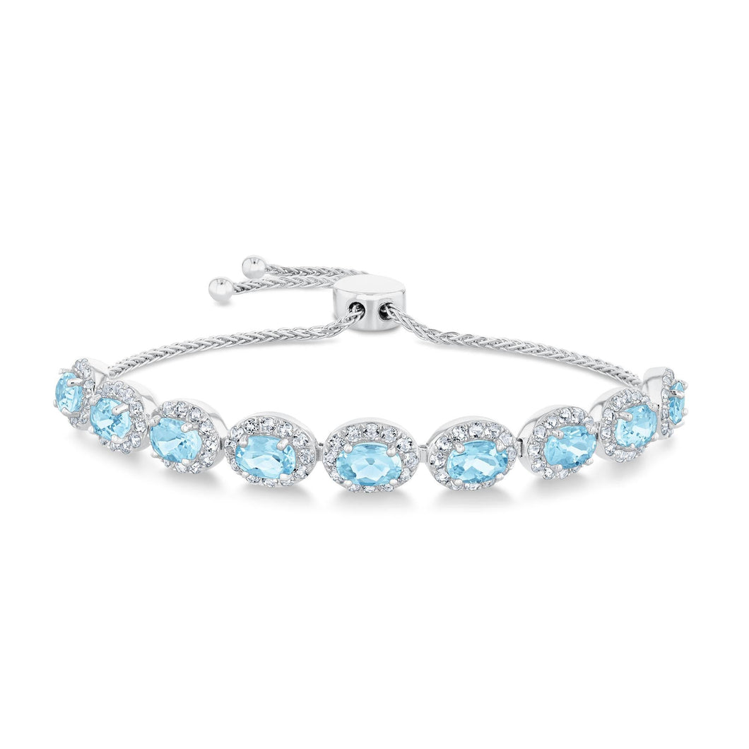 Oval Aquamarine and Created White Sapphire Sterling Silver Bolo Bracelet