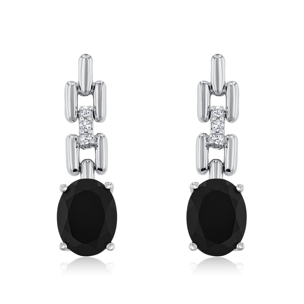 Oval Black Onyx and 1/20ctw Diamond Sterling Silver Link Drop Earrings