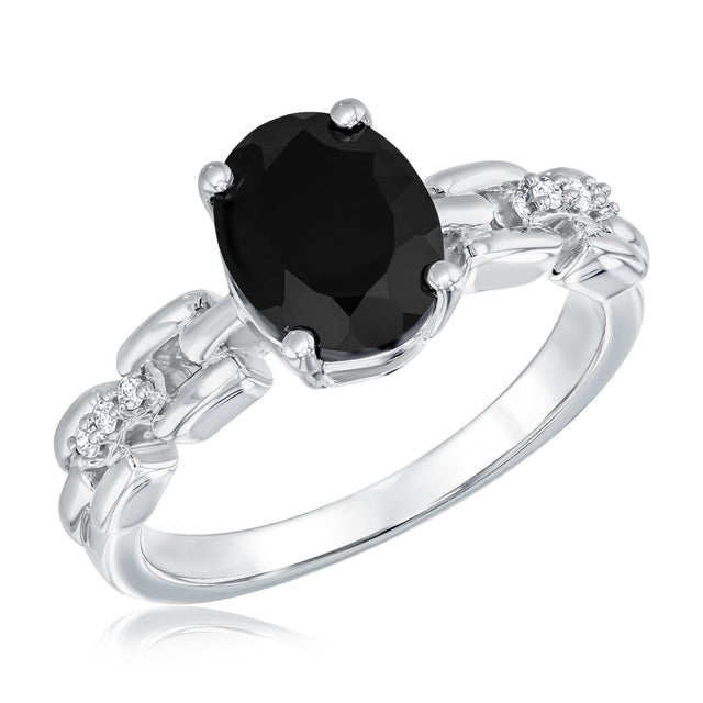 Oval Black Onyx and 1/20ctw Diamond Sterling Silver Link Fashion Ring