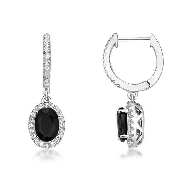 Oval Black Onyx and White Topaz Halo Drop Hoop Earrings