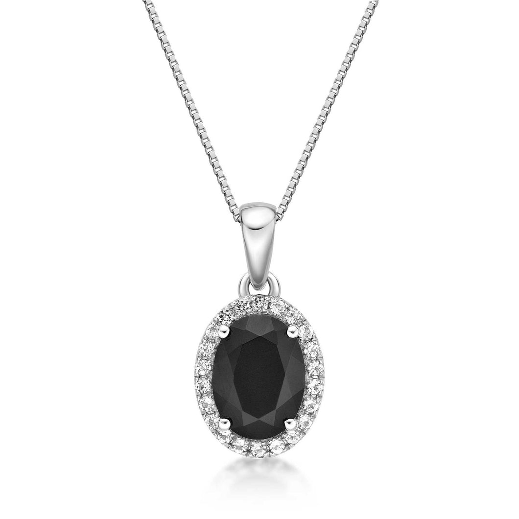 Oval Black Onyx and White Topaz Halo Pendant Necklace