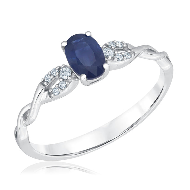 Oval Blue Sapphire and 1/20ctw Diamond White Gold Twist Ring