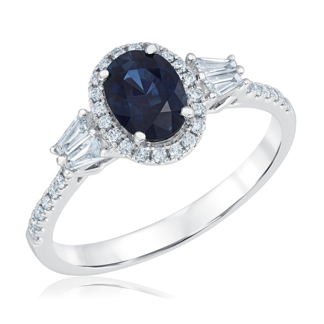 Oval Blue Sapphire and 1/3ctw Diamond Halo White Gold Ring