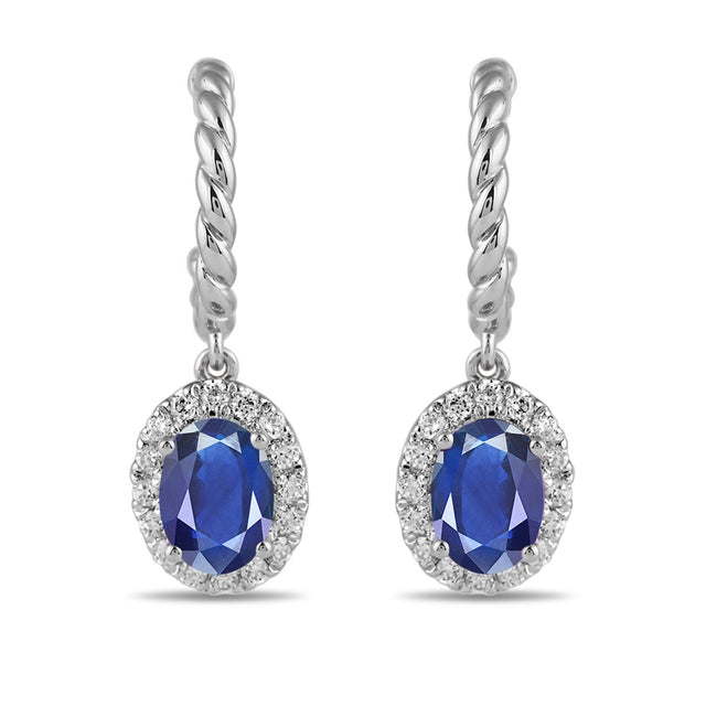 Oval Blue Sapphire and 1/3ctw Lab Grown Diamond White Gold Hoop Drop Earrings