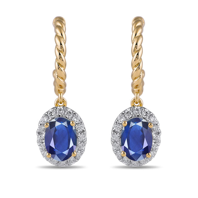 Oval Blue Sapphire and 1/3ctw Lab Grown Diamond Yellow Gold Hoop Drop Earrings
