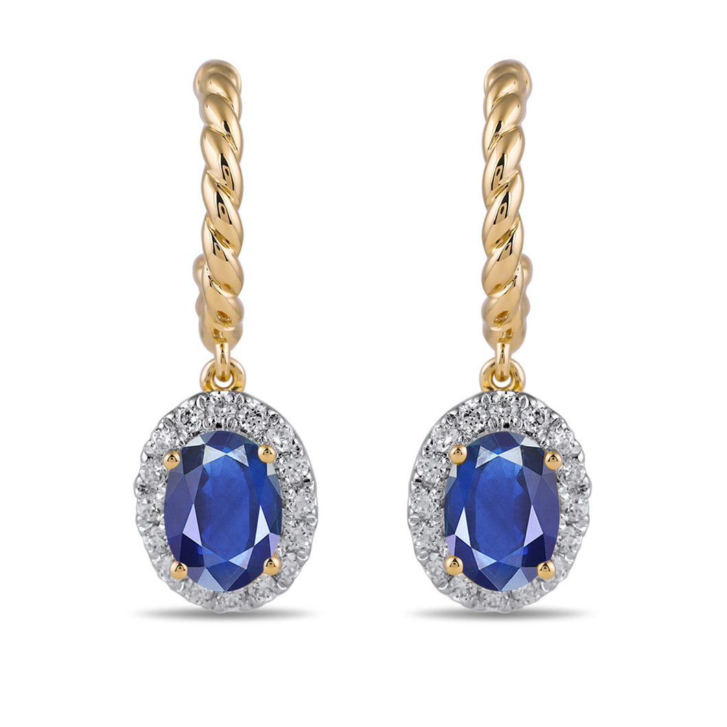 Oval Blue Sapphire and 1/3ctw Lab Grown Diamond Yellow Gold Hoop Drop Earrings
