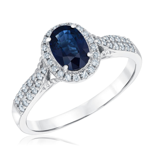 Oval Blue Sapphire and 1/4ctw Diamond Halo White Gold Ring