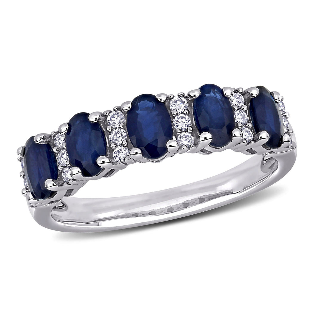 Oval Blue Sapphire and 1/6ctw Diamond White Gold Ring | Size 8