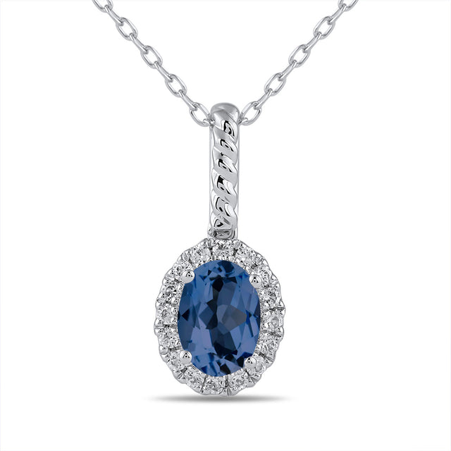 Oval Blue Sapphire and 1/6ctw Lab Grown Diamond Halo White Gold Pendant Necklace