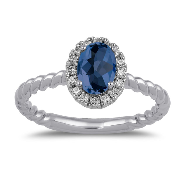 Oval Blue Sapphire and 1/6ctw Lab Grown Diamond Halo White Gold Ring - Size 5