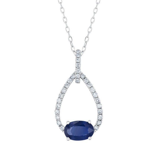 Oval Blue Sapphire and 1/8ctw Diamond Teardrop White Gold Pendant Necklace