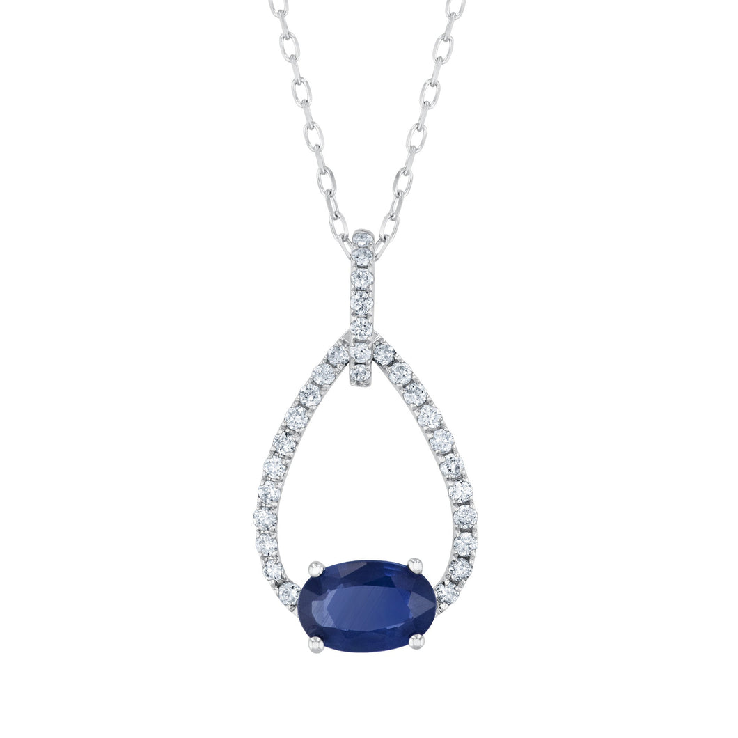 Oval Blue Sapphire and 1/8ctw Diamond Teardrop White Gold Pendant Necklace
