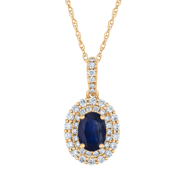 Oval Blue Sapphire and 3/8ctw Diamond Halo Yellow Gold Pendant Necklace - Watercolor Collection