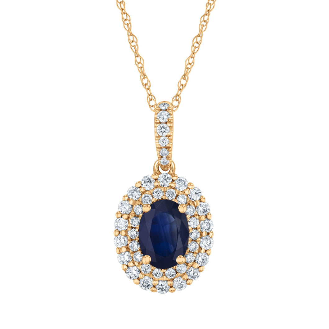 Oval Blue Sapphire and 3/8ctw Diamond Halo Yellow Gold Pendant Necklace - Watercolor Collection