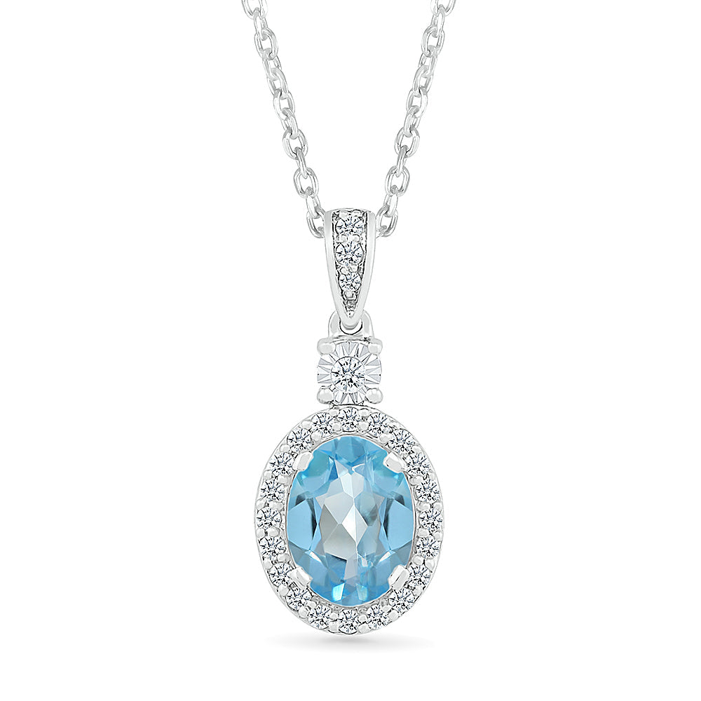 Oval Blue Topaz and 1/6ctw Diamond Halo Sterling Silver Pendant Necklace