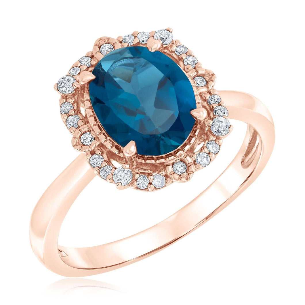 Oval Blue Topaz and Diamond Rose Gold Ring 1/6ctw