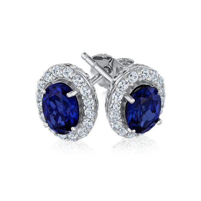 Oval Created Blue Sapphire and Created White Sapphire Sterling Silver Earrings