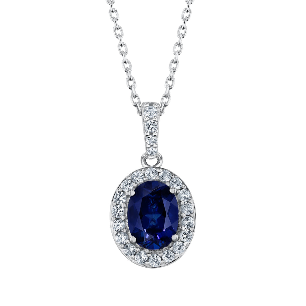 Oval Created Blue Sapphire and Created White Sapphire Sterling Silver Pendant Necklace
