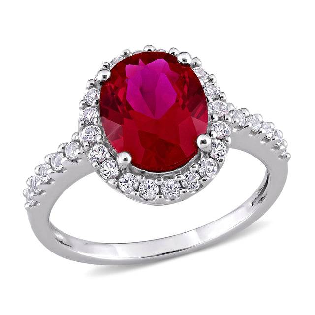 Oval Created Ruby and Created White Sapphire White Gold Cocktail Ring - Size 5