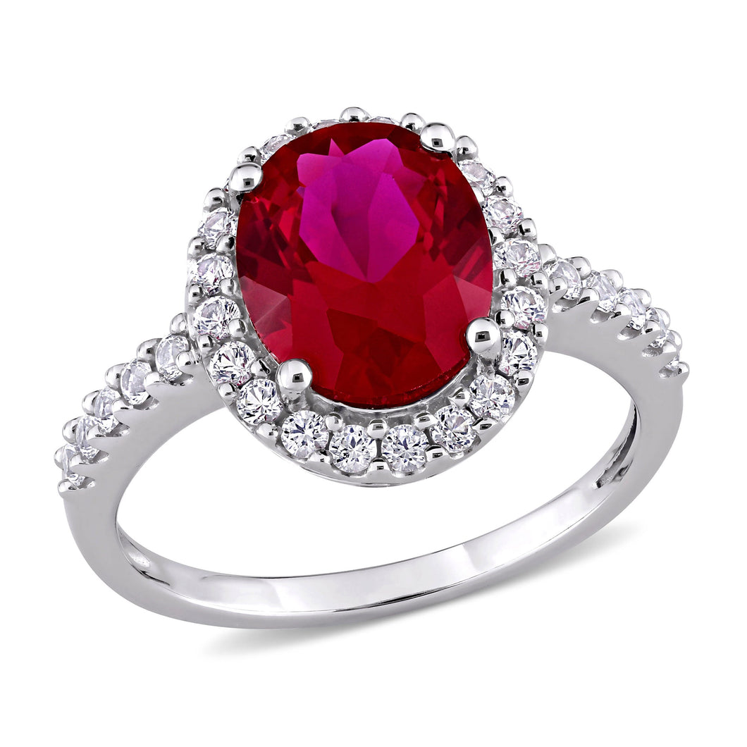 Oval Created Ruby and Created White Sapphire White Gold Cocktail Ring - Size 5