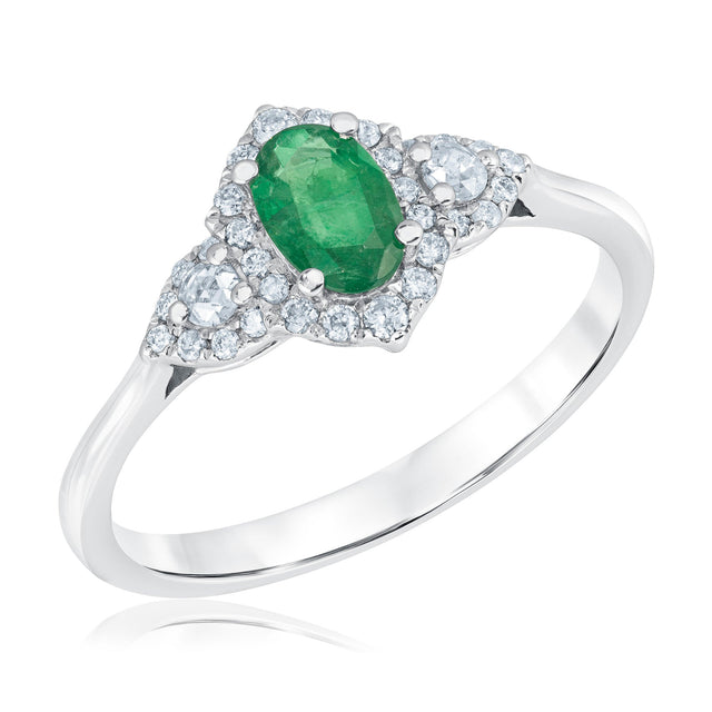 Oval Emerald and 1/5ctw Diamond Vintage-Inspired White Gold Ring