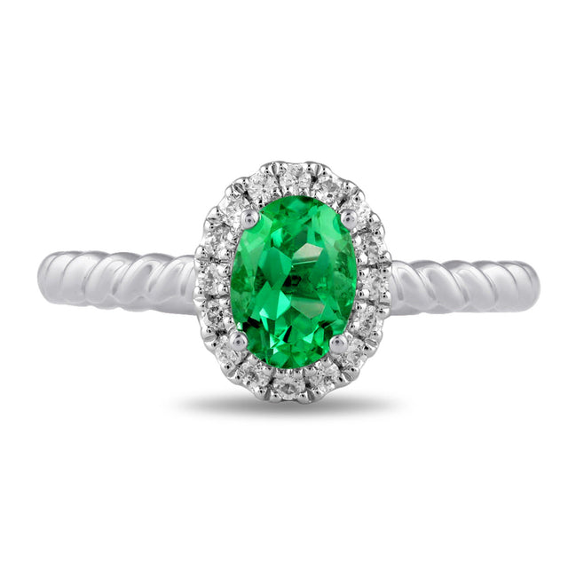 Oval Emerald and 1/6ctw Lab Grown Diamond Halo White Gold Ring - Size 6