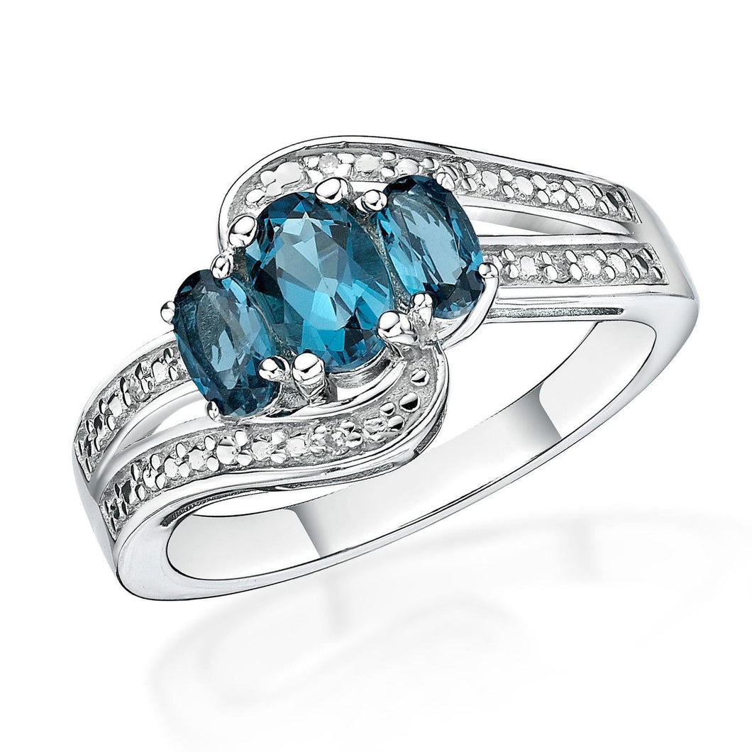 Oval London Blue Topaz and Diamond Accent Three-Stone Sterling Silver Ring - Size 6