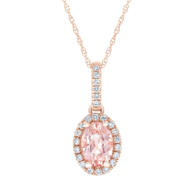 Oval Morganite and Diamond Halo Rose Gold Pendant Necklace - Watercolor Collection