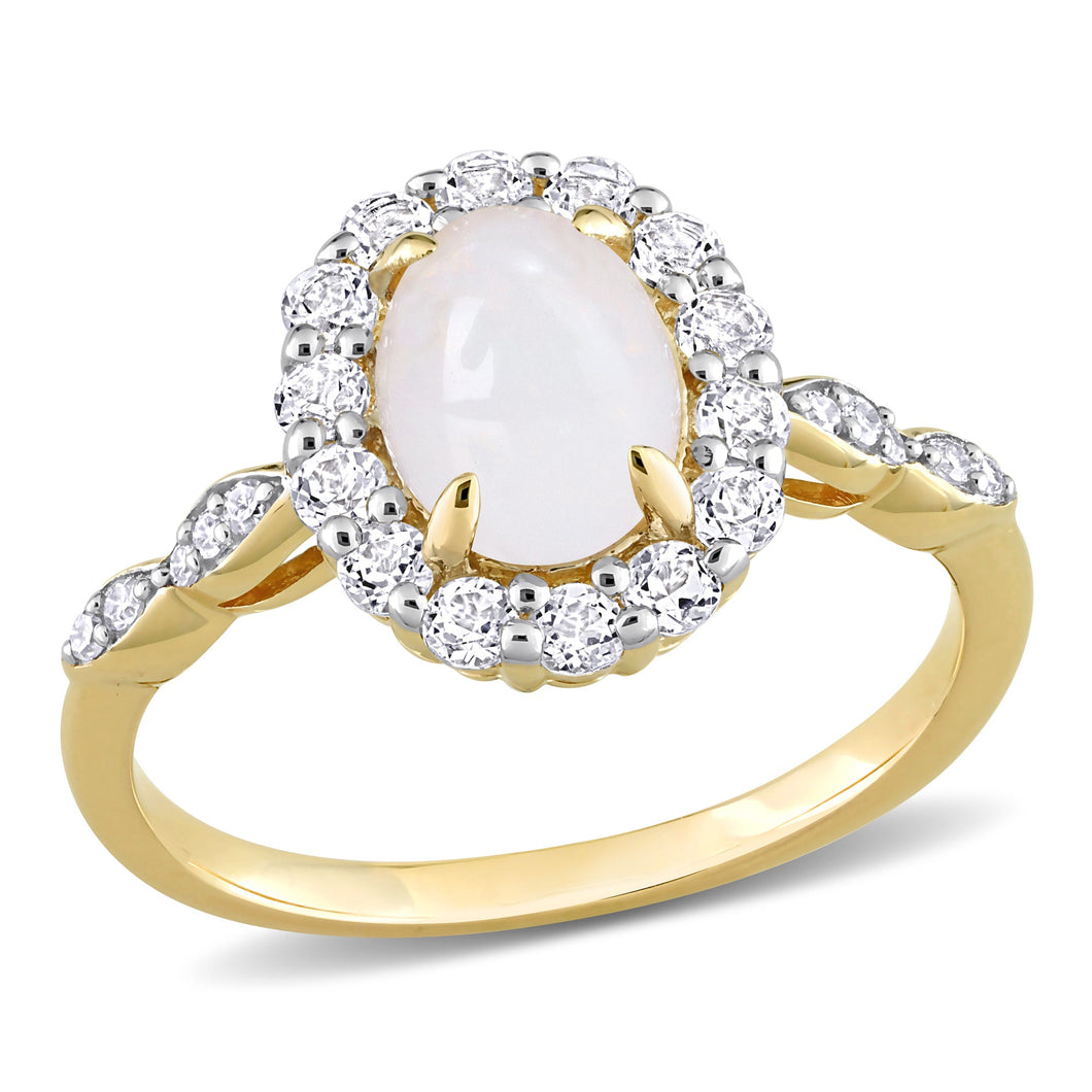 Oval Opal, White Topaz, and 1/20ctw Diamond Halo Yellow Gold Ring | Size 5