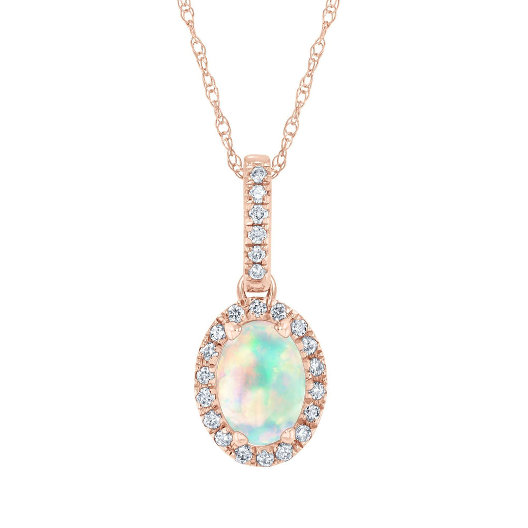 Oval Opal and Diamond Halo Rose Gold Pendant Necklace - Watercolor Collection