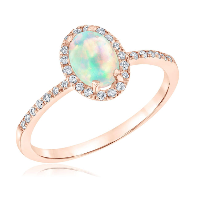 Oval Opal and Diamond Halo Rose Gold Ring - Watercolor Collection