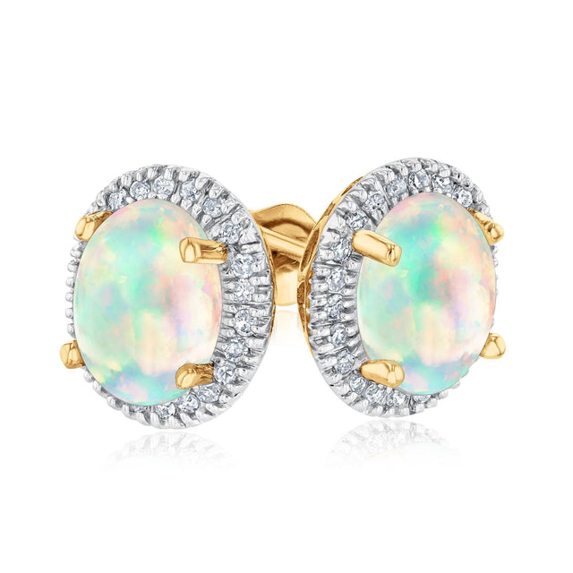 Oval Opal and Diamond Halo Yellow Gold Stud Earrings 1/6ctw