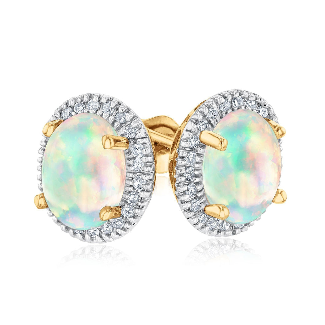 Oval Opal and Diamond Halo Yellow Gold Stud Earrings 1/6ctw