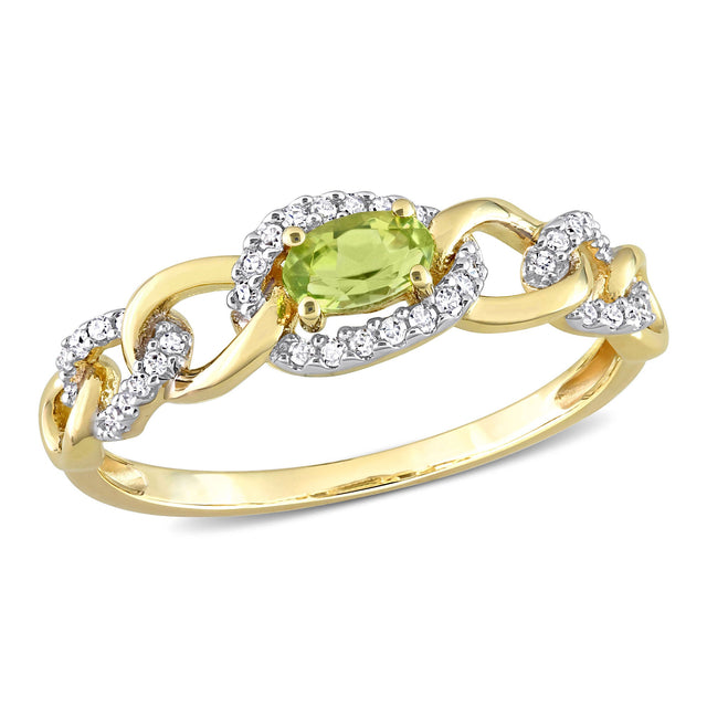 Oval Peridot and 1/8ctw Diamond Halo Yellow Gold Ring - Size 8
