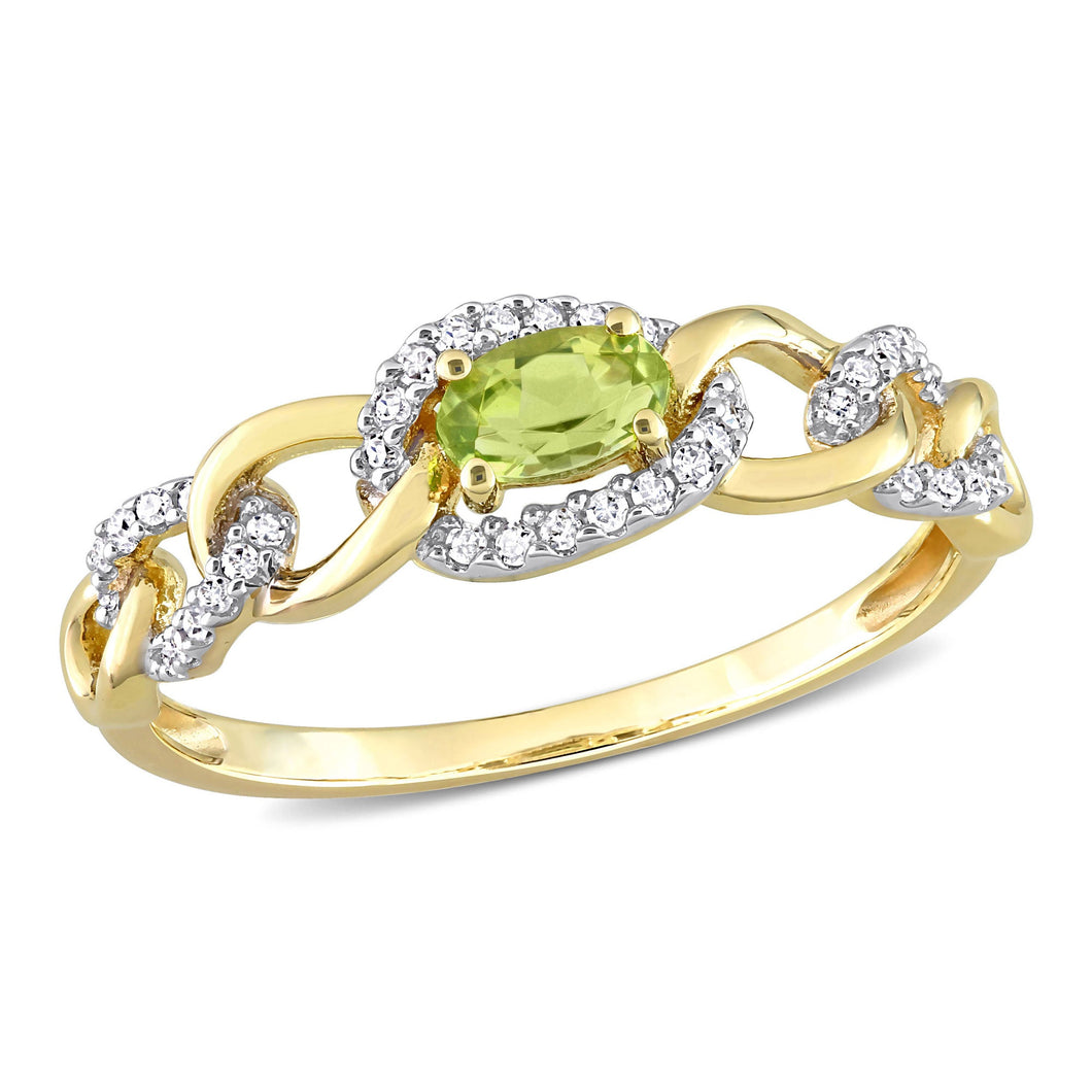 Oval Peridot and 1/8ctw Diamond Halo Yellow Gold Ring - Size 8