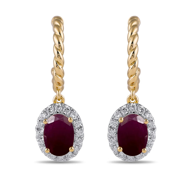 Oval Ruby and 1/3ctw Lab Grown Diamond Yellow Gold Hoop Drop Earrings