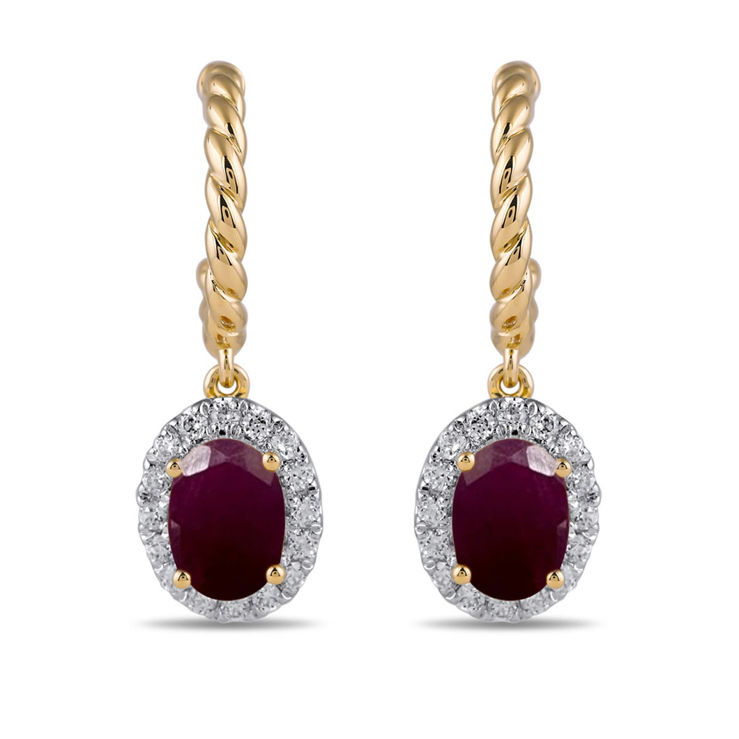 Oval Ruby and 1/3ctw Lab Grown Diamond Yellow Gold Hoop Drop Earrings