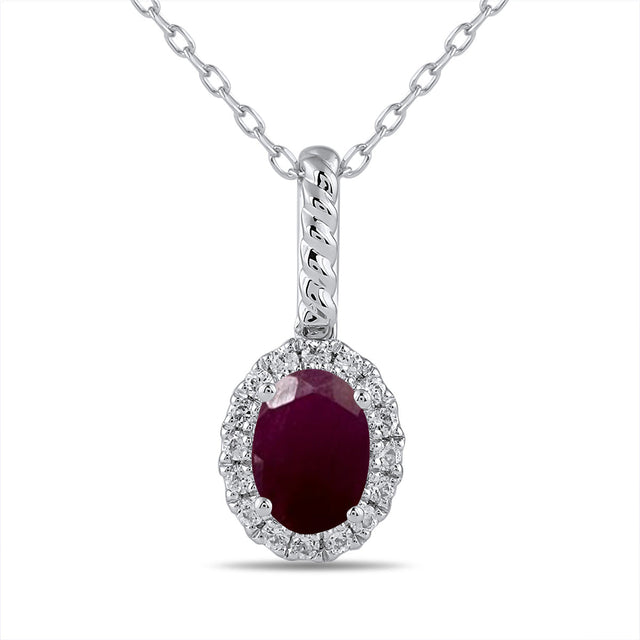 Oval Ruby and 1/6ctw Lab Grown Diamond Halo White Gold Pendant Necklace