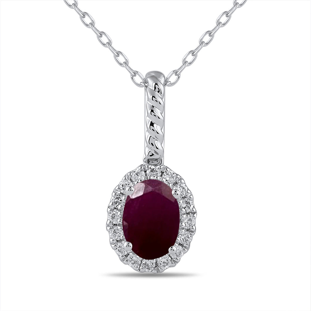 Oval Ruby and 1/6ctw Lab Grown Diamond Halo White Gold Pendant Necklace