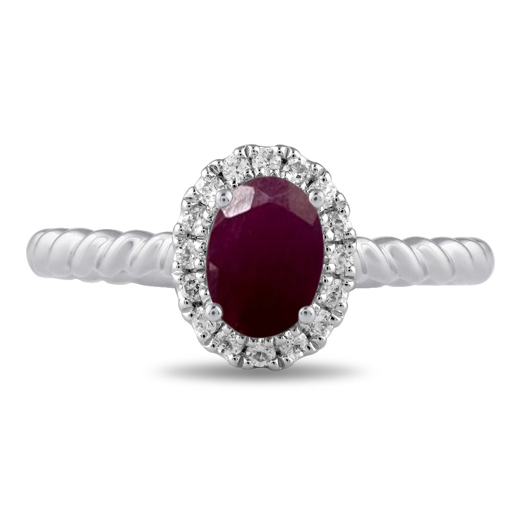 Oval Ruby and 1/6ctw Lab Grown Diamond Halo White Gold Ring - Size 9
