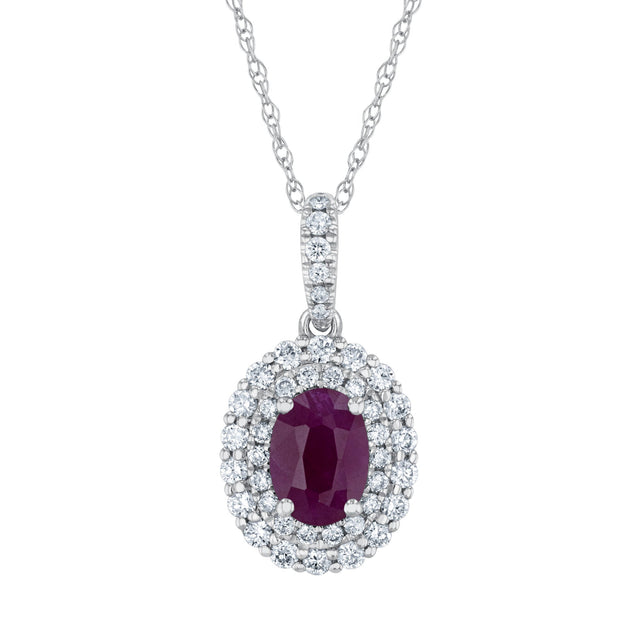 Oval Ruby and 3/8ctw Diamond Halo White Gold Pendant Necklace - Watercolor Collection