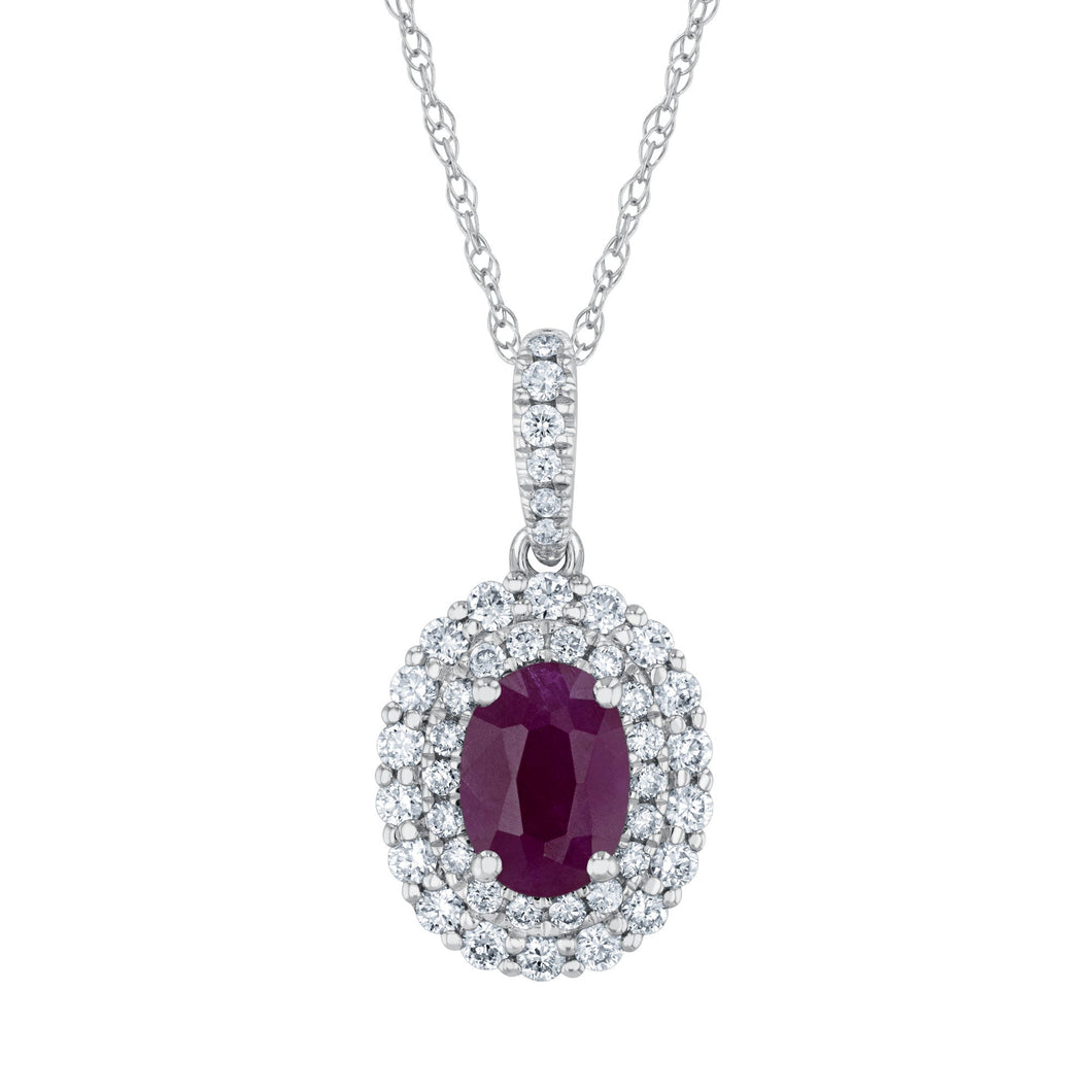 Oval Ruby and 3/8ctw Diamond Halo White Gold Pendant Necklace - Watercolor Collection
