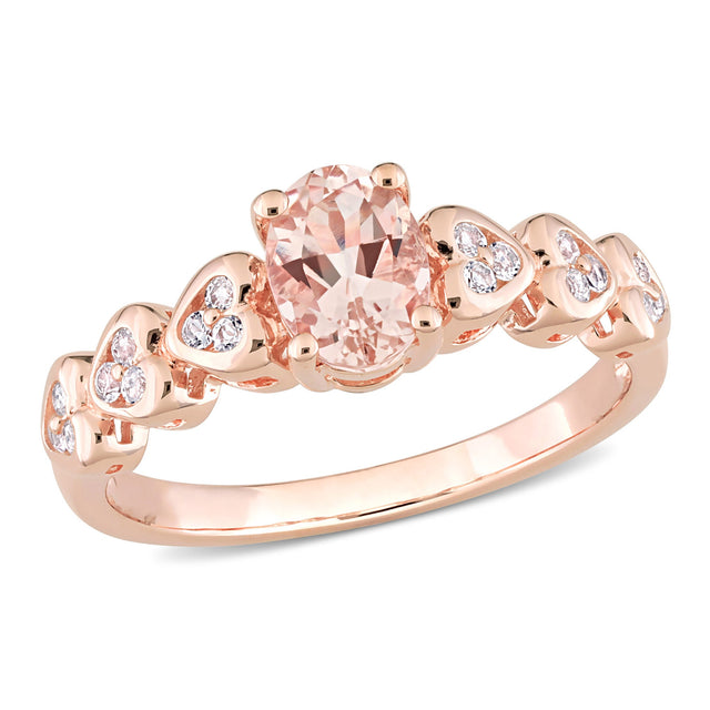 Oval-Shaped Morganite and White Topaz Rose Rhodium Plated Sterling Silver Ring - Size 5