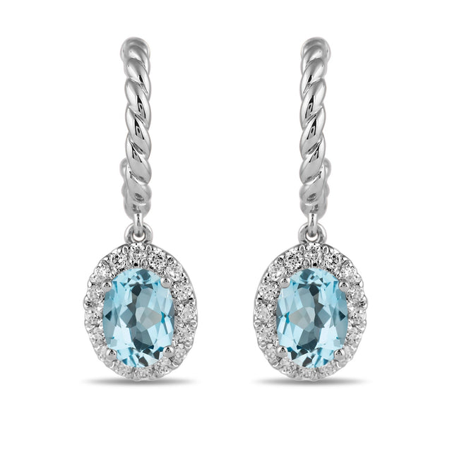 Oval Swiss Blue Topaz and 1/3ctw Lab Grown Diamond White Gold Hoop Drop Earrings