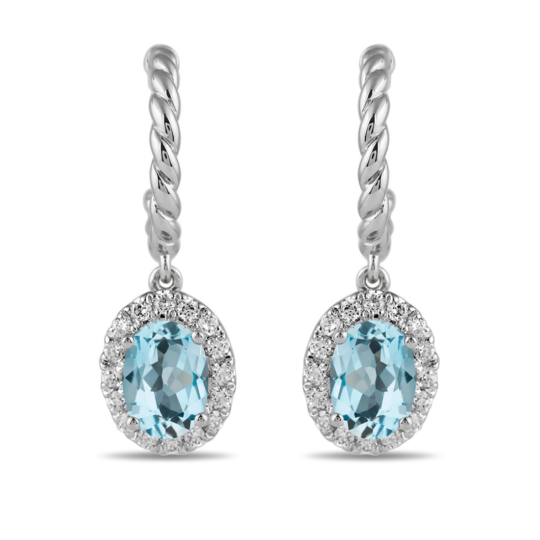 Oval Swiss Blue Topaz and 1/3ctw Lab Grown Diamond White Gold Hoop Drop Earrings