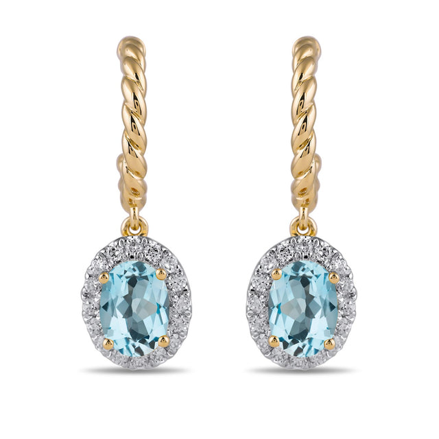 Oval Swiss Blue Topaz and 1/3ctw Lab Grown Diamond Yellow Gold Hoop Drop Earrings