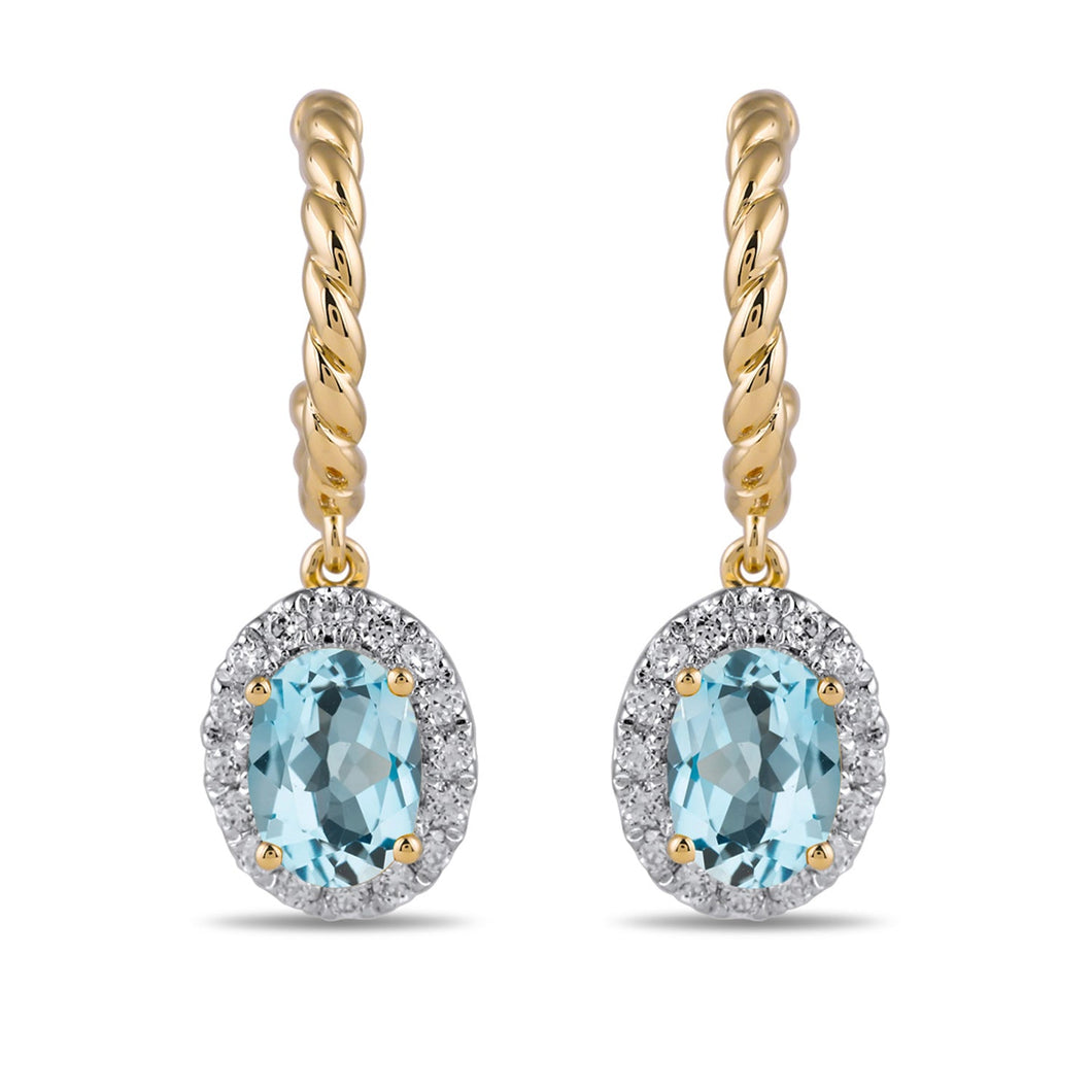 Oval Swiss Blue Topaz and 1/3ctw Lab Grown Diamond Yellow Gold Hoop Drop Earrings