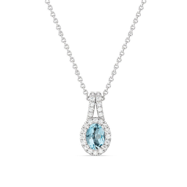 Oval Swiss Blue Topaz and 1/5ctw Lab Grown Diamond Halo White Gold Pendant Necklace