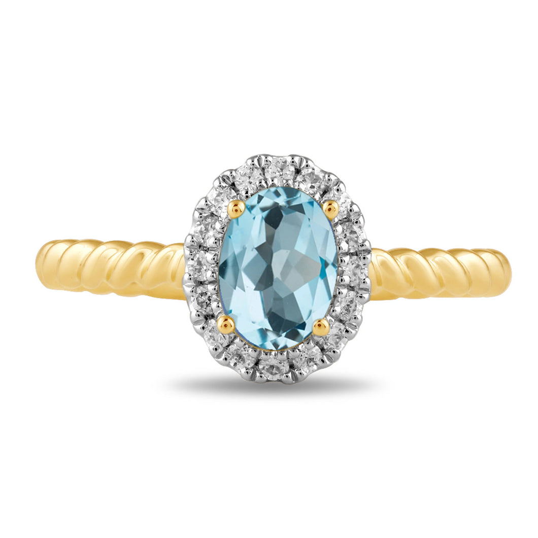Oval Swiss Blue Topaz and 1/6ctw Lab Grown Diamond Halo Yellow Gold Ring - Size 5